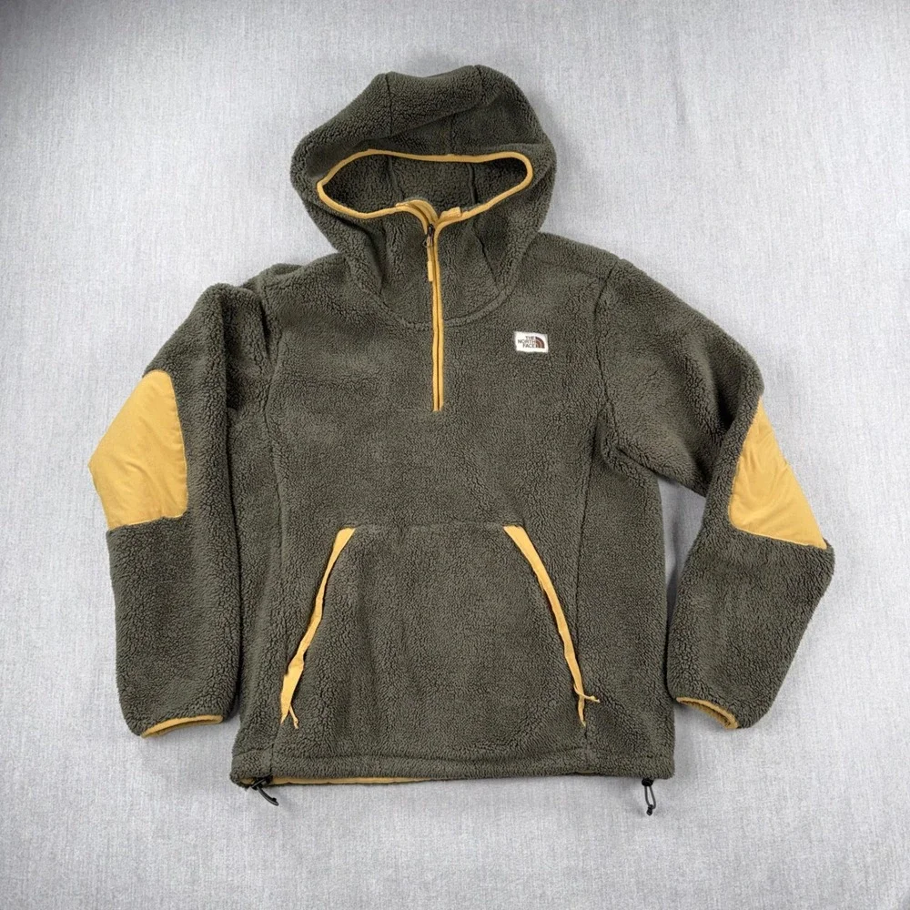 The North Face Mens Campshire Sherpa Fleece Quarter Zip Hoodie Green Small